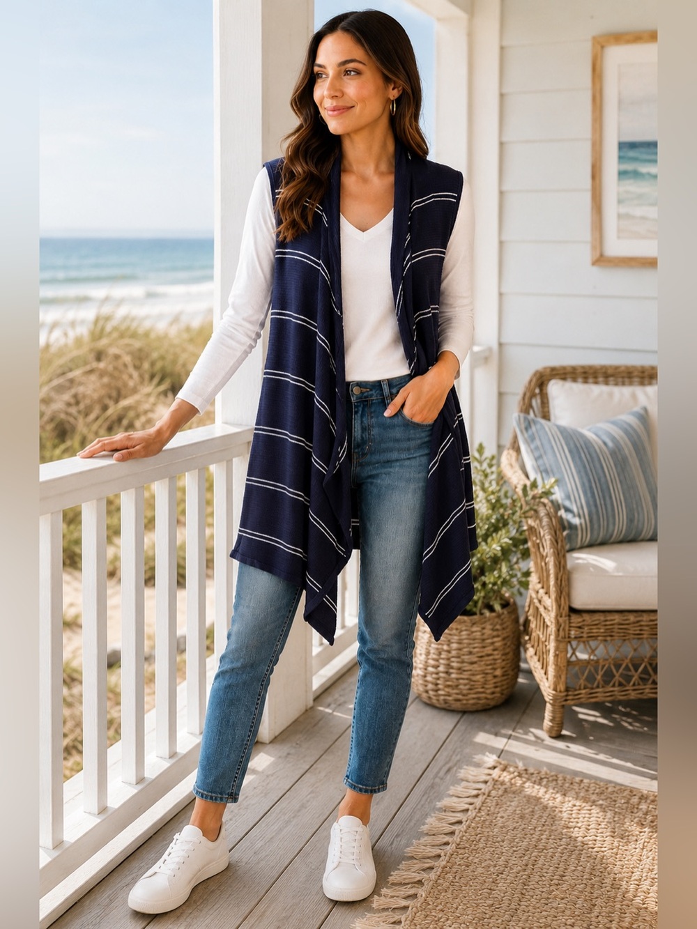 Tommy Hilfiger Open Front Knit Cardigan Navy Stripe Coastal Layering Piece XL